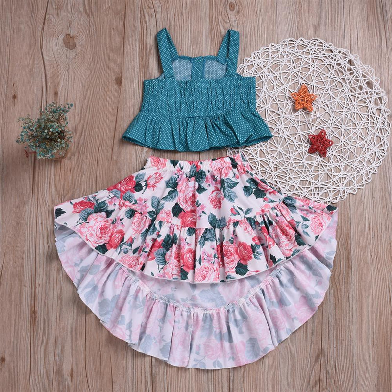 Girls Polka Dot Sleeveless Button Top & Floral Printed Skirt Toddler Girls Wholesale - PrettyKid