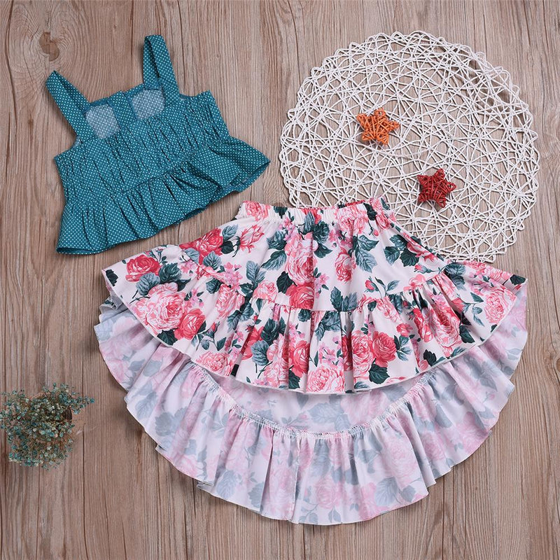 Girls Polka Dot Sleeveless Button Top & Floral Printed Skirt Toddler Girls Wholesale - PrettyKid
