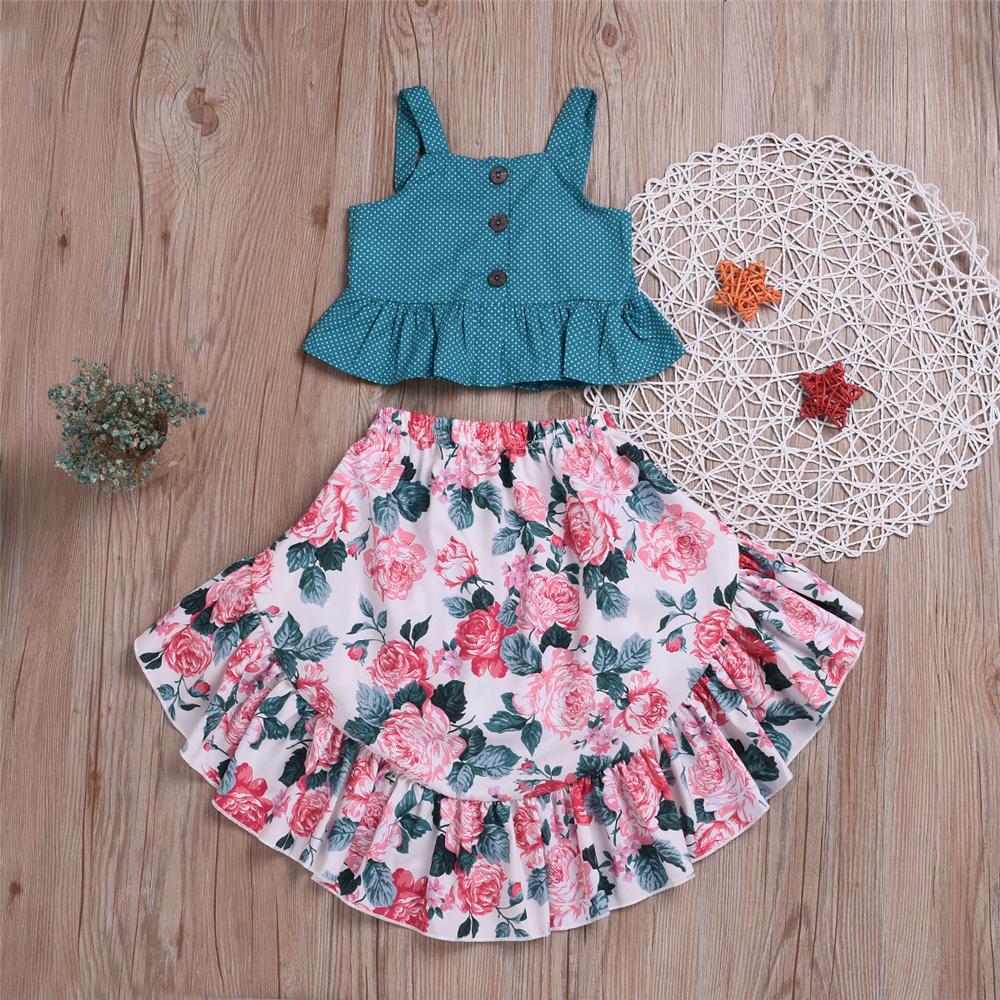 Girls Polka Dot Sleeveless Button Top & Floral Printed Skirt Toddler Girls Wholesale - PrettyKid