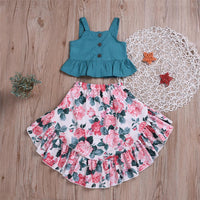 Girls Polka Dot Sleeveless Button Top & Floral Printed Skirt Toddler Girls Wholesale - PrettyKid