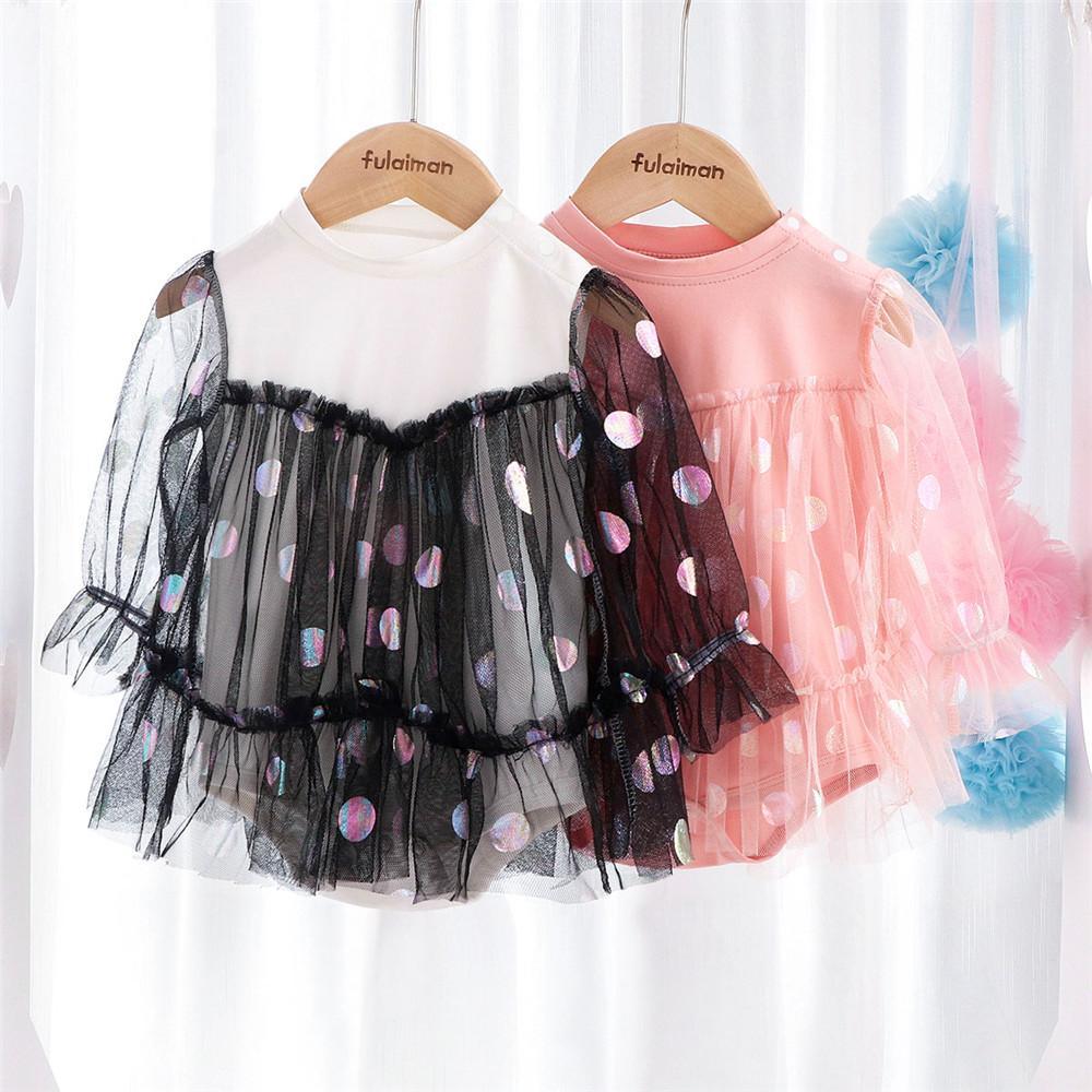 Baby Girls Polka Dots Long-sleeve Solid Tulle Dress Rompers - PrettyKid