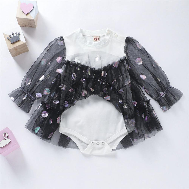 Baby Girls Polka Dots Long-sleeve Solid Tulle Dress Rompers - PrettyKid
