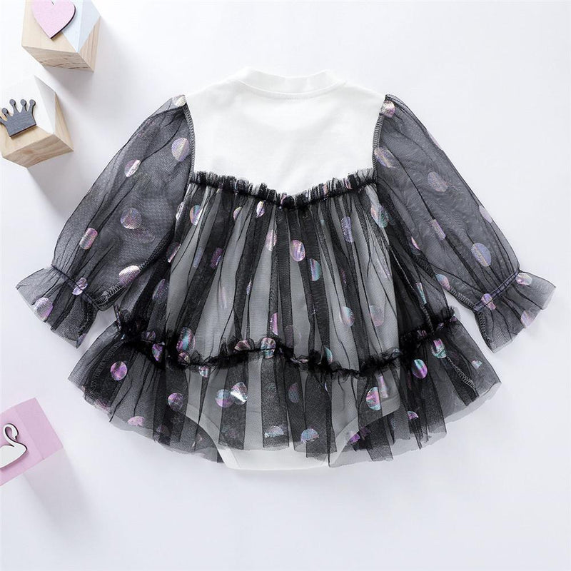 Baby Girls Polka Dots Long-sleeve Solid Tulle Dress Rompers - PrettyKid