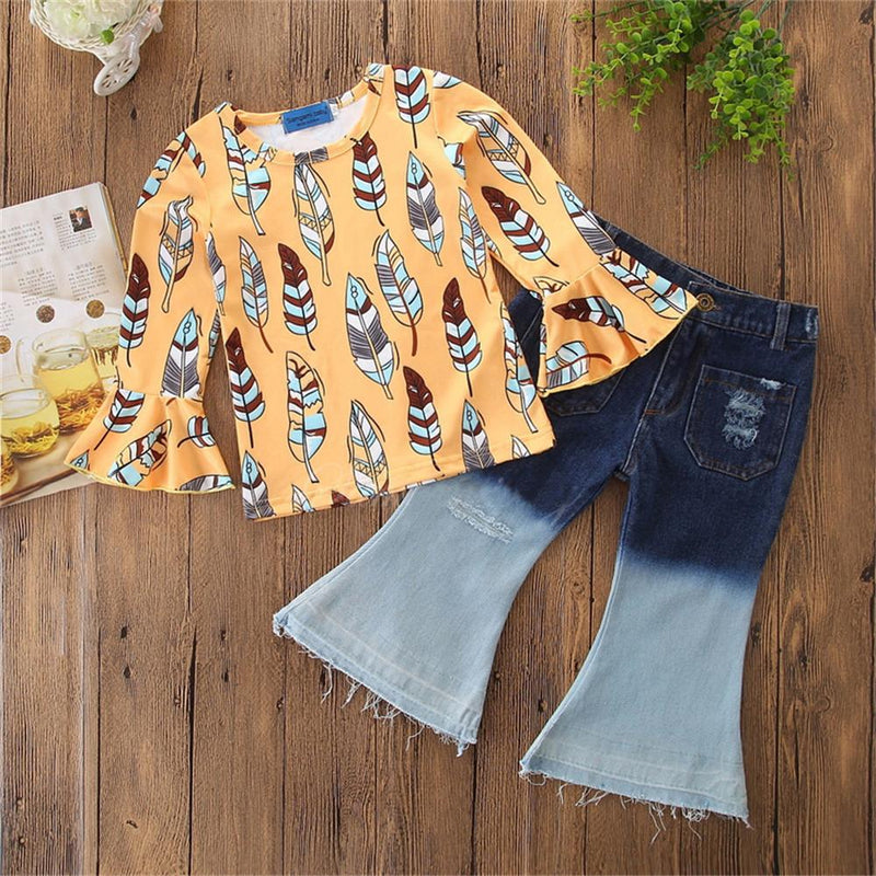 Girls Printed Flared Sleeve Tops & Jeans Toddler Girls Wholsale Sets - PrettyKid