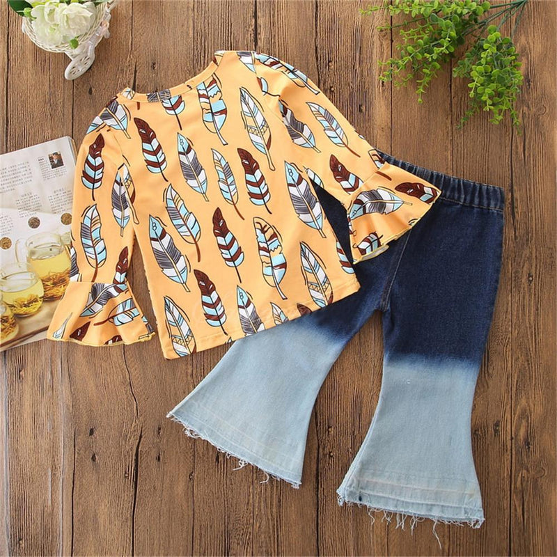 Girls Printed Flared Sleeve Tops & Jeans Toddler Girls Wholsale Sets - PrettyKid