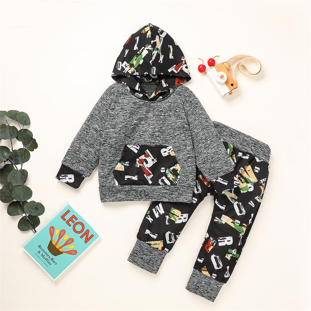 Boys Printed Hooded Long Sleeve Top & Pants Boys Clothes Wholesale - PrettyKid