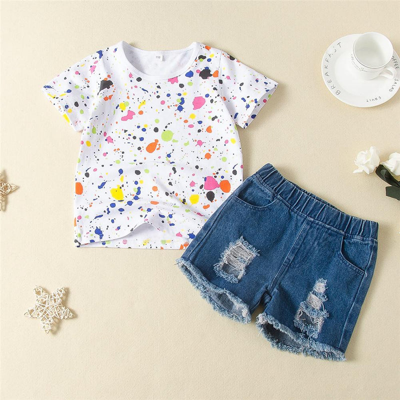 Girls Printed Short Sleeve Crew Neck Top & Ripped Denim Shorts Childrens Wholesale Suppliers - PrettyKid