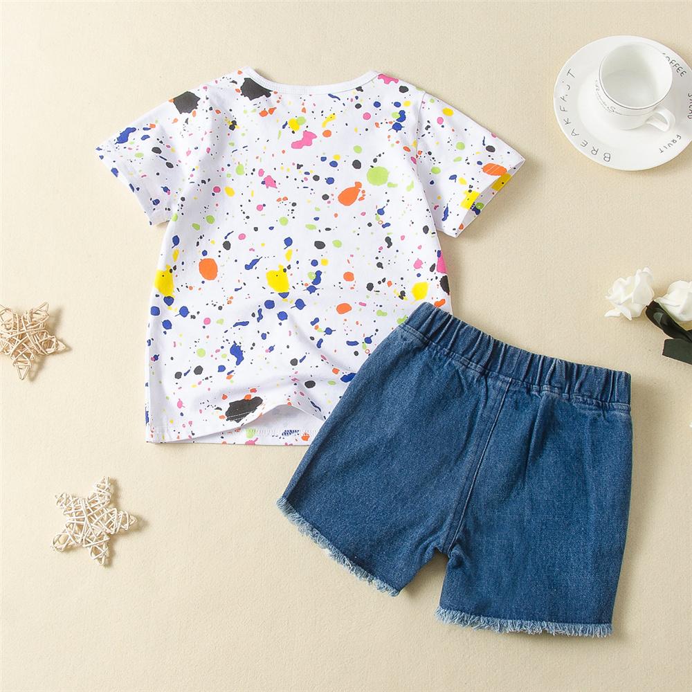 Girls Printed Short Sleeve Crew Neck Top & Ripped Denim Shorts Childrens Wholesale Suppliers - PrettyKid