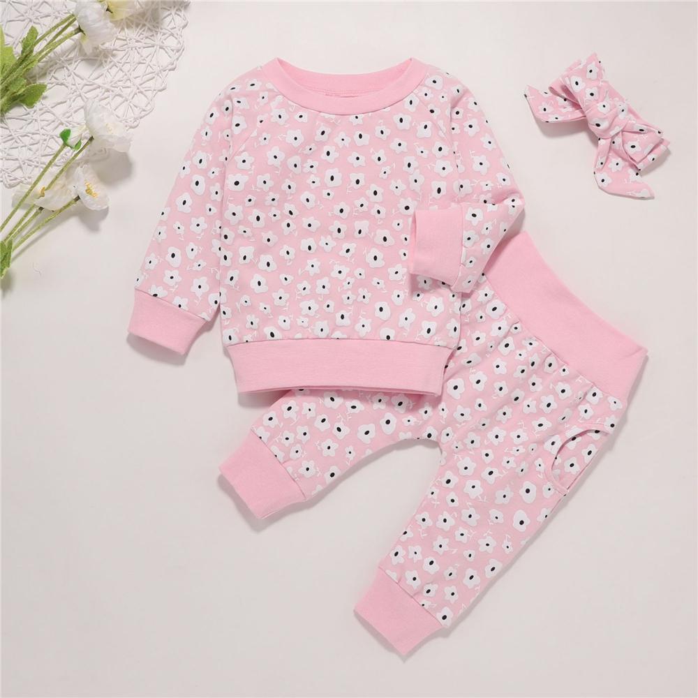 Baby Girls Printed Top & Pants & Headband Wholesale Baby Outfits - PrettyKid