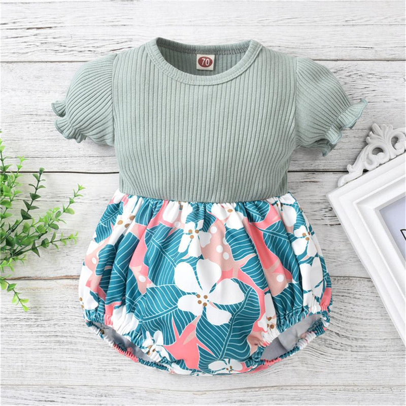 Baby Girls Puff Sleeve Floral Printed Splicing Romper newborn baby clothes wholesale - PrettyKid