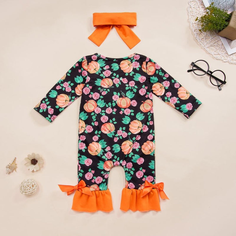 Baby Girls Pumpkin Long Sleeve Romper & Headband Baby Wholesales - PrettyKid