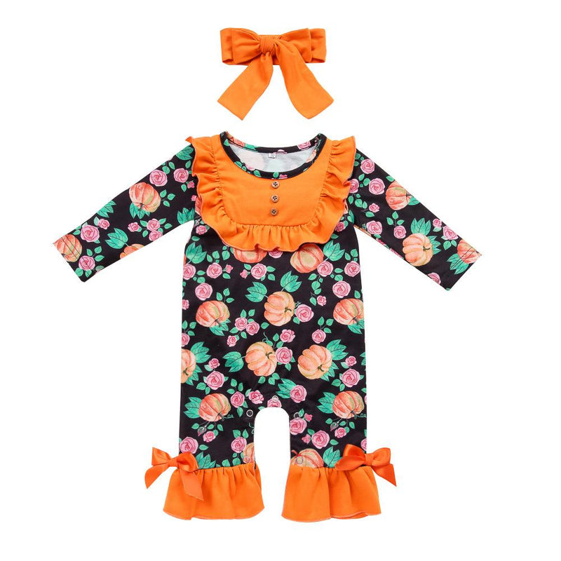 Baby Girls Pumpkin Long Sleeve Romper & Headband Baby Wholesales - PrettyKid