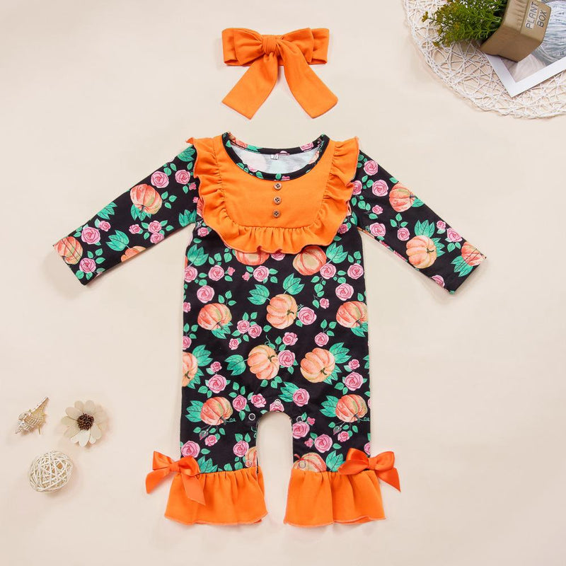 Baby Girls Pumpkin Long Sleeve Romper & Headband Baby Wholesales - PrettyKid