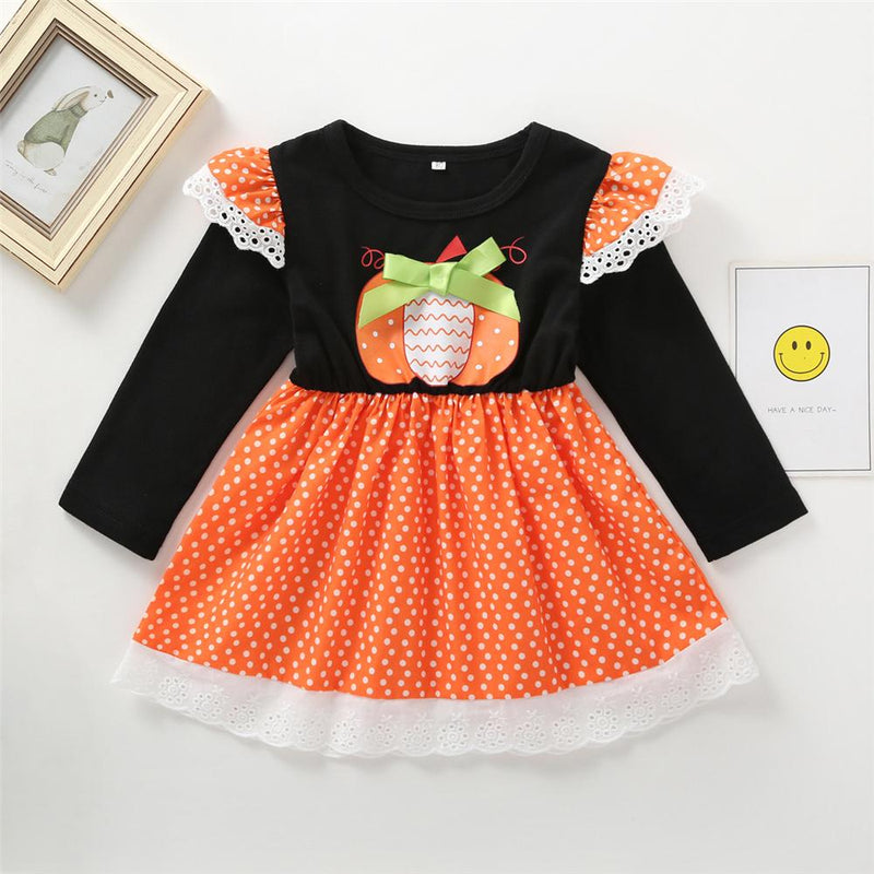 Girls Pumpkin Polka Dot Lace Long Sleeve Girls Dress Wholesale - PrettyKid
