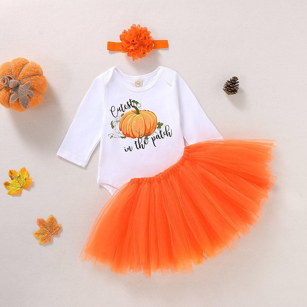 Baby Girls Pumpkin Print Halloween Shirt & Mesh Skirt & Headband - PrettyKid