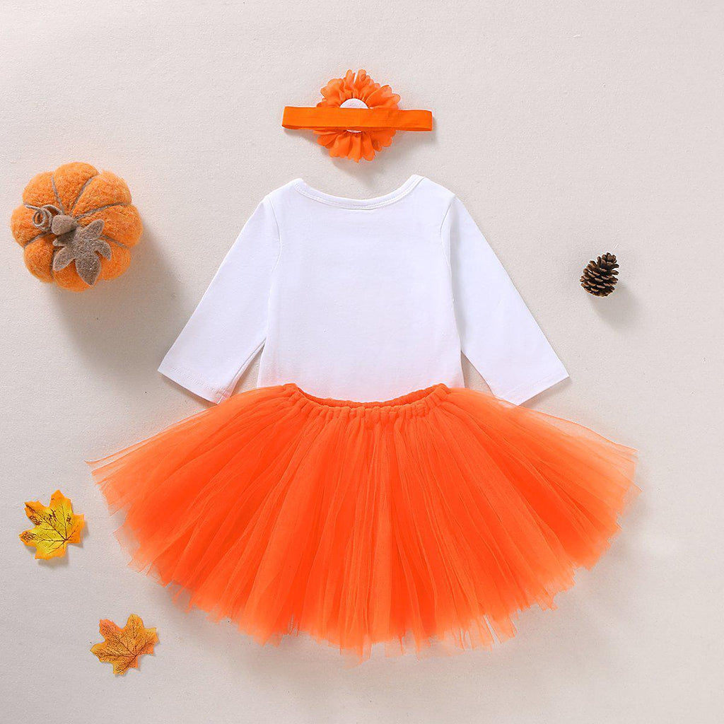 Baby Girls Pumpkin Print Halloween Shirt & Mesh Skirt & Headband - PrettyKid