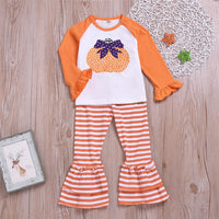 Girls Pumpkin Printed Long Sleeve Tops & Striped Trousers - PrettyKid