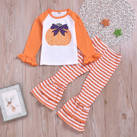 Girls Pumpkin Printed Long Sleeve Tops & Striped Trousers - PrettyKid