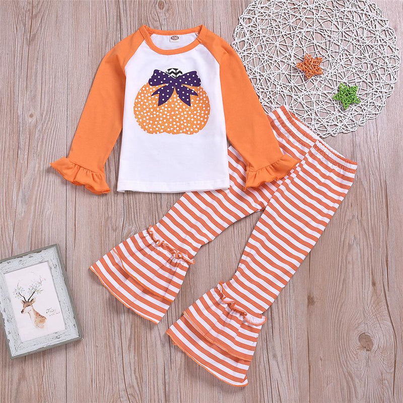 Girls Pumpkin Printed Long Sleeve Tops & Striped Trousers - PrettyKid