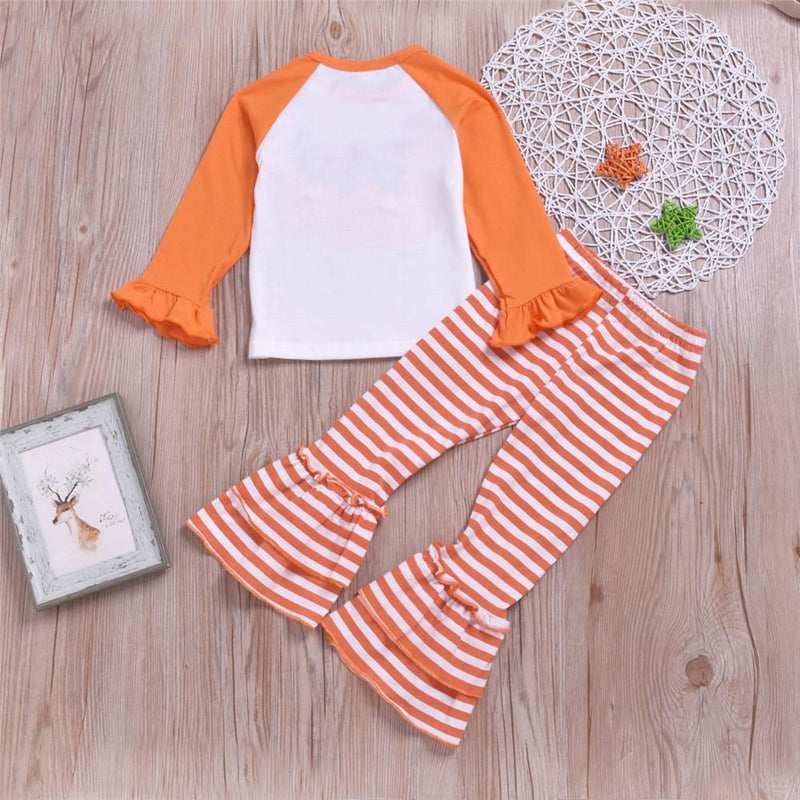 Girls Pumpkin Printed Long Sleeve Tops & Striped Trousers - PrettyKid