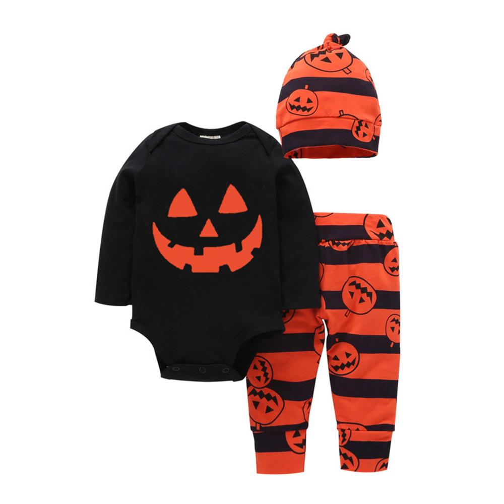 Baby Pumpkin Stripe Print Suit Halloween Romper & Pants & Hat - PrettyKid