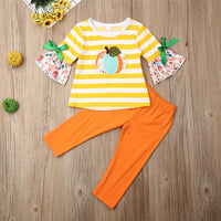 Girs Pumpkin Striped Printed Flared Sleeve Tops & Pants - PrettyKid