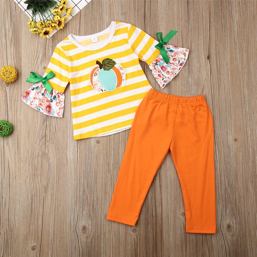 Girs Pumpkin Striped Printed Flared Sleeve Tops & Pants - PrettyKid