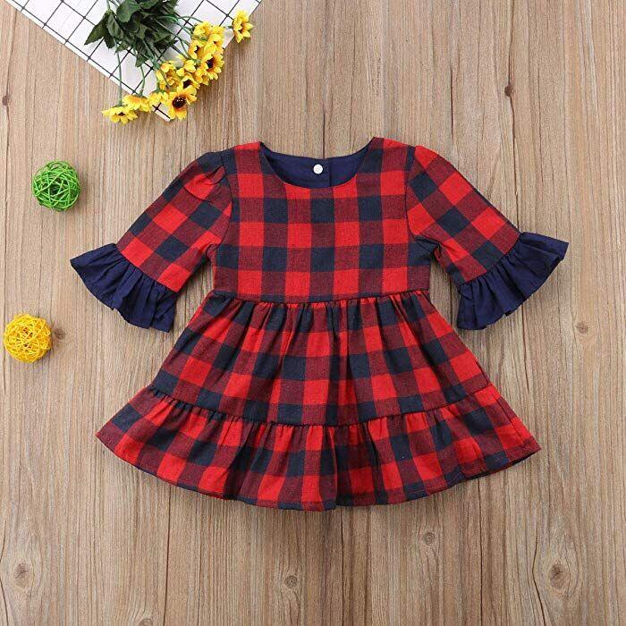 Toddler Girl Ruffle Cuffed Plaid Dress - PrettyKid