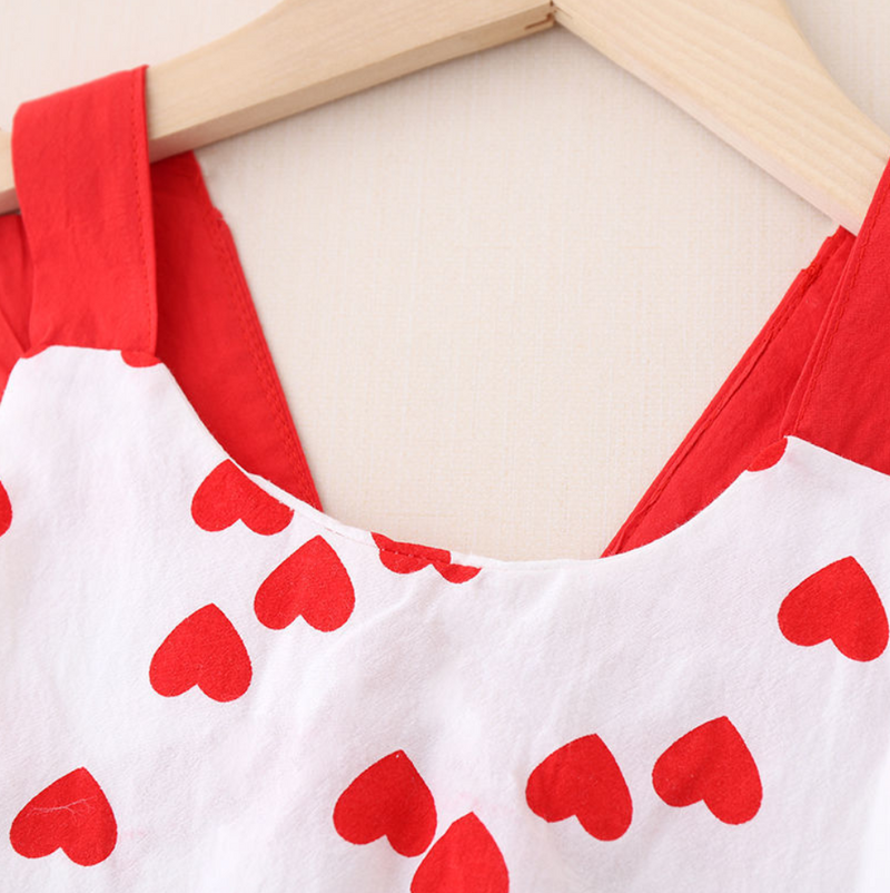 Baby Girl Heart-shaped Print Bow Decor Ruffle Armhole Dress - PrettyKid