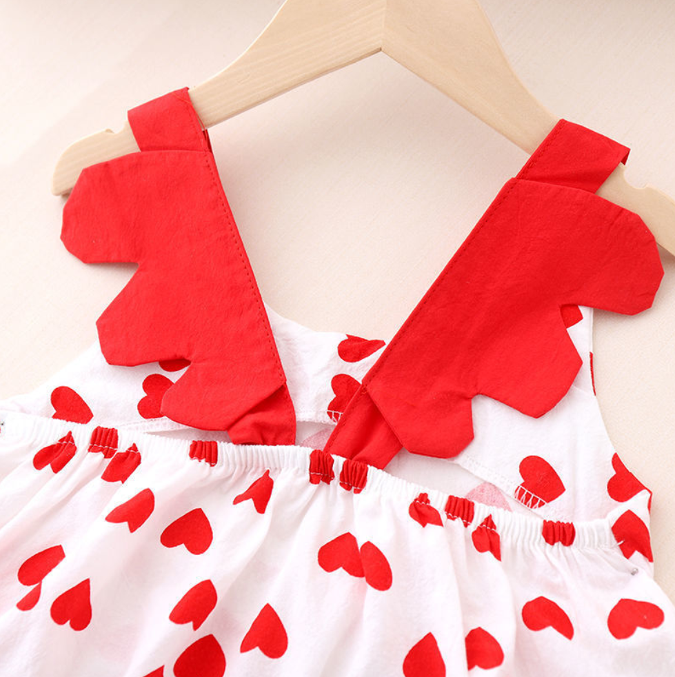 Baby Girl Heart-shaped Print Bow Decor Ruffle Armhole Dress - PrettyKid