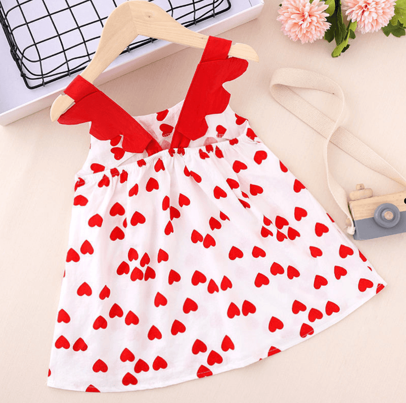 Baby Girl Heart-shaped Print Bow Decor Ruffle Armhole Dress - PrettyKid