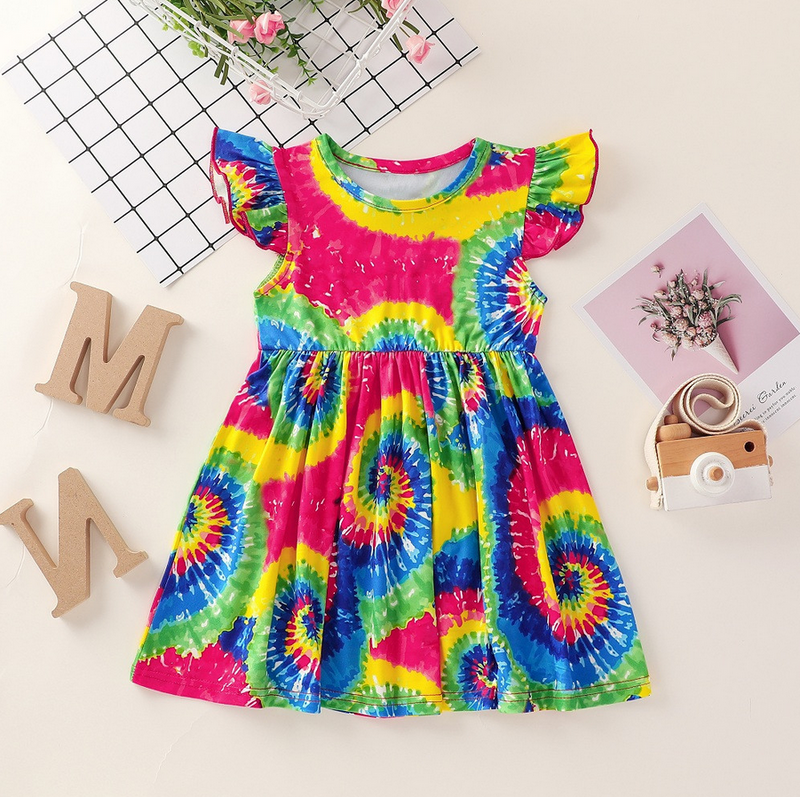 Toddler Girls Printed Tie Dye Short Sleeve Girls Wholesale Dresses - PrettyKid