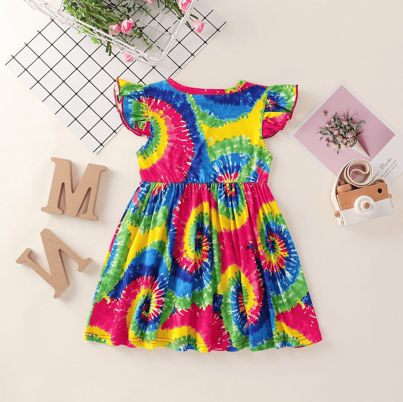 Toddler Girls Printed Tie Dye Short Sleeve Girls Wholesale Dresses - PrettyKid