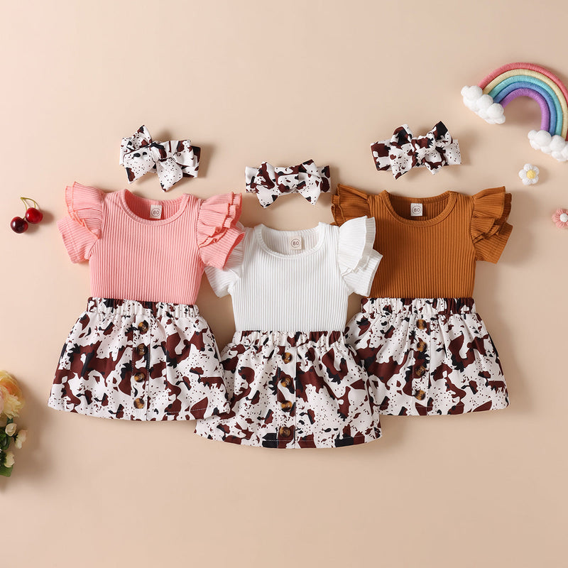 Toddler Girls Cute Leopard Fly Sleeves Top & Leopard Skirt & Headband Dress Set Wholesale - PrettyKid