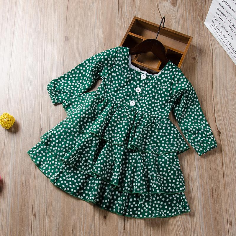 Green Cake Princess Skirt Flower Print Dress For Girls - PrettyKid