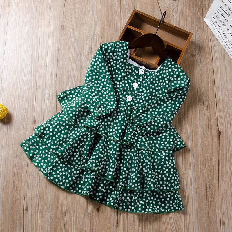 Green Cake Princess Skirt Flower Print Dress For Girls - PrettyKid