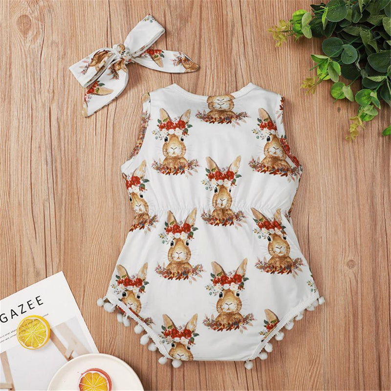 Baby Girls Rabbit Floral Printed Sleeveless Romper & Headband Baby clothing Wholesale Bulk - PrettyKid
