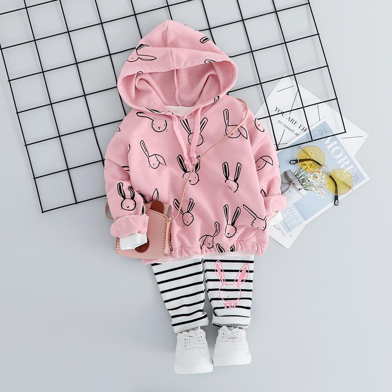 Girls Rabbit Hooded Jumper & Striped Pants - PrettyKid