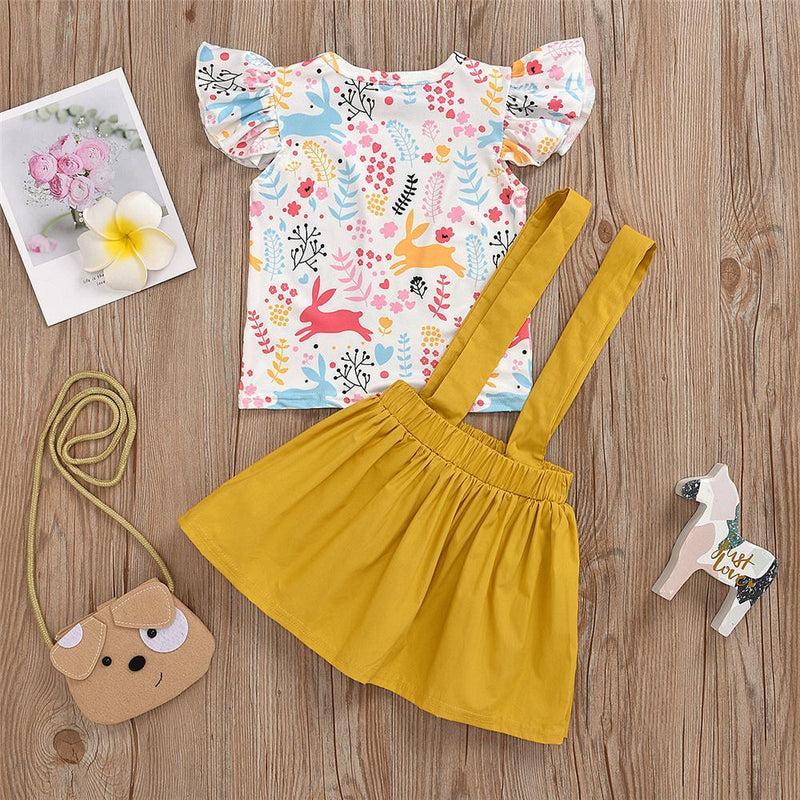 Girls Rabbit Leaf Printed Short Sleeve Top & Suspender Skirt Wholesale Little Girls clothing - PrettyKid
