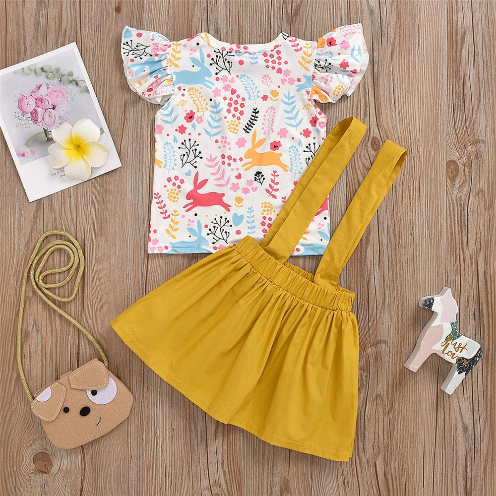 Girls Rabbit Leaf Printed Short Sleeve Top & Suspender Skirt Wholesale Little Girls clothing - PrettyKid