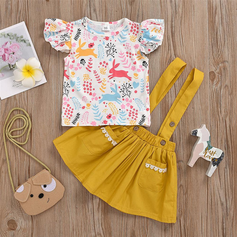 Girls Rabbit Leaf Printed Short Sleeve Top & Suspender Skirt Wholesale Little Girls clothing - PrettyKid