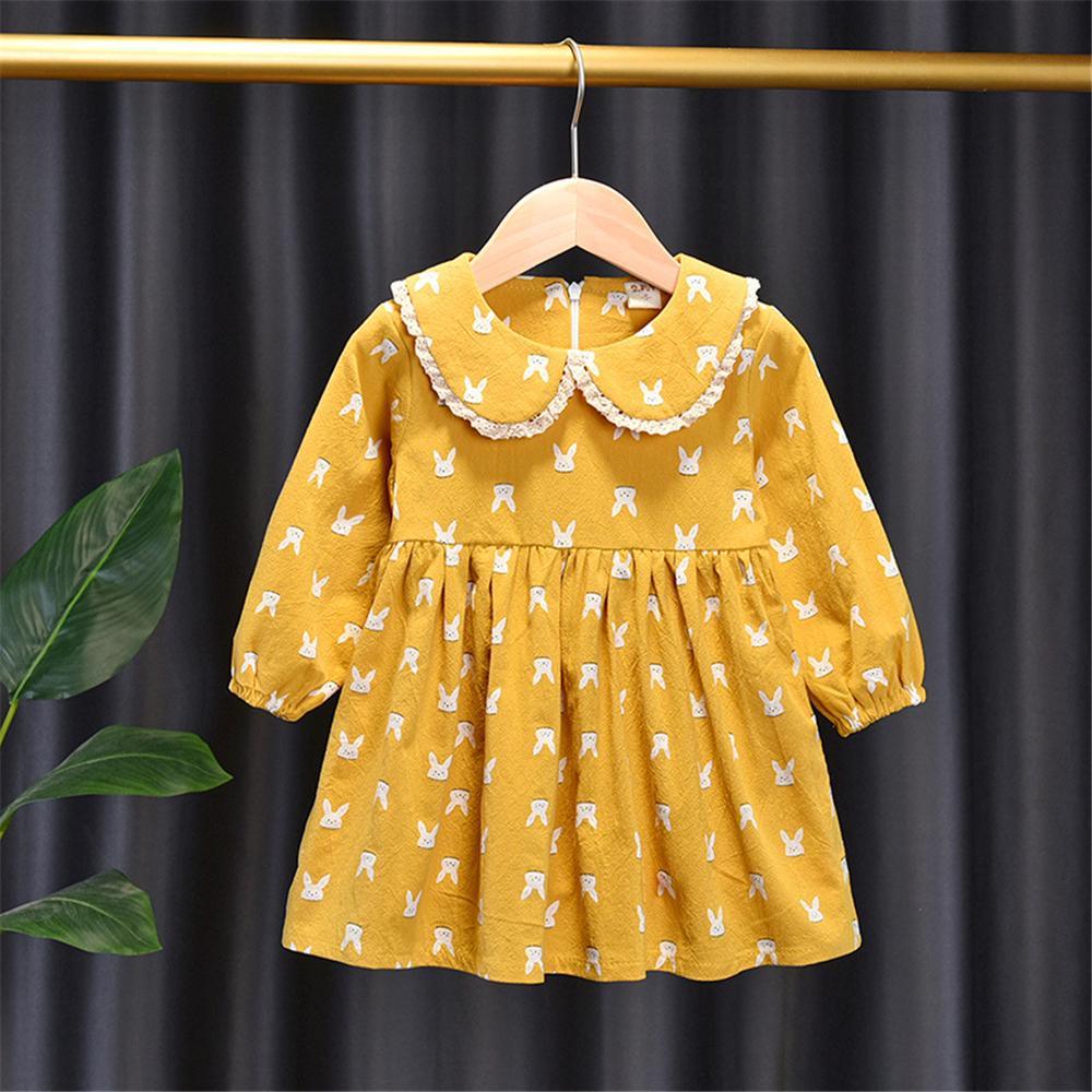 Girls Rabbit Printed Doll Collar Casual Dress Girls Dress Wholesale - PrettyKid