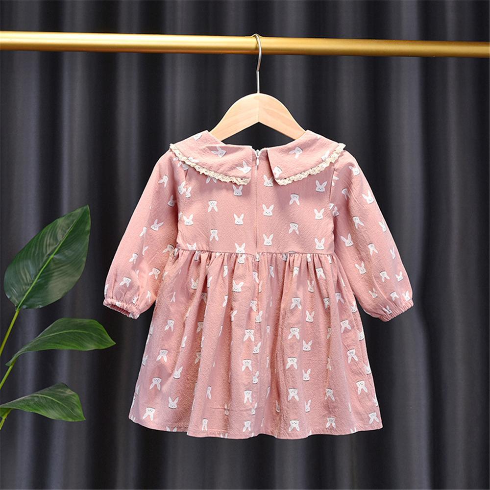 Girls Rabbit Printed Doll Collar Casual Dress Girls Dress Wholesale - PrettyKid