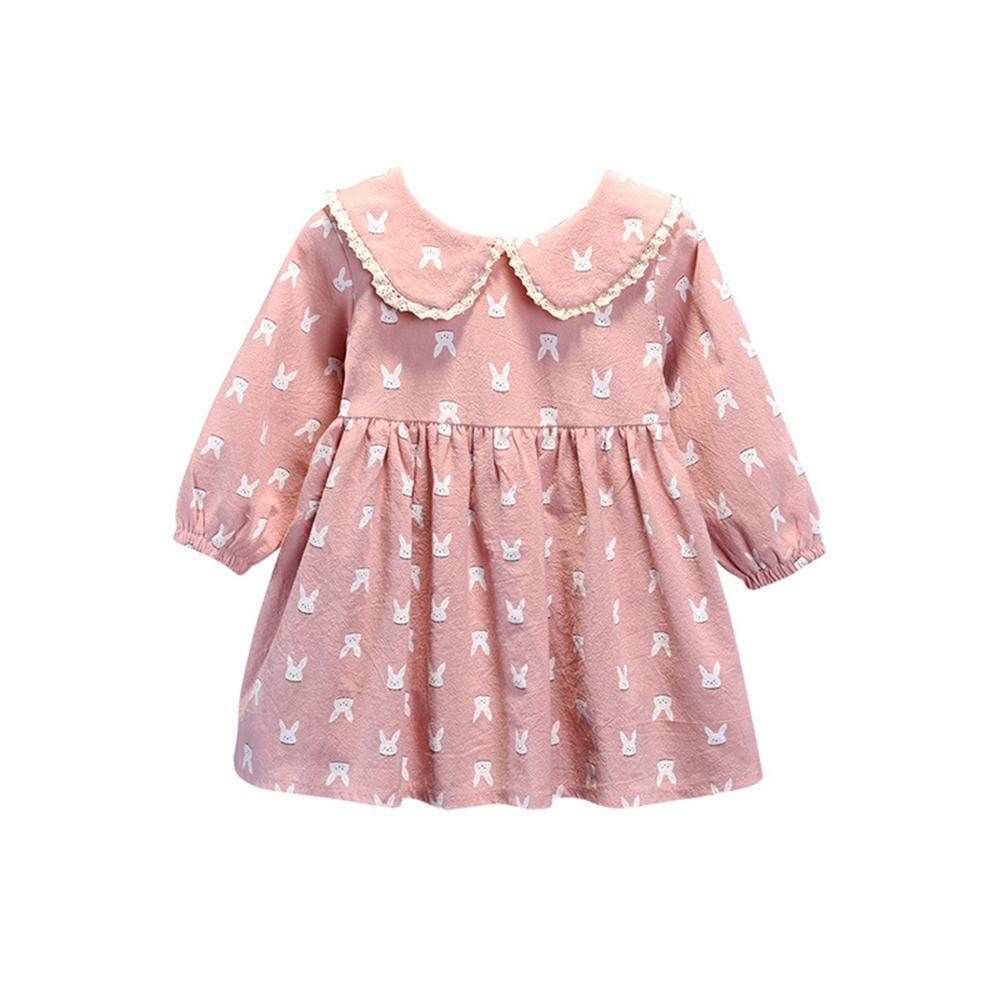 Girls Rabbit Printed Doll Collar Casual Dress Girls Dress Wholesale - PrettyKid