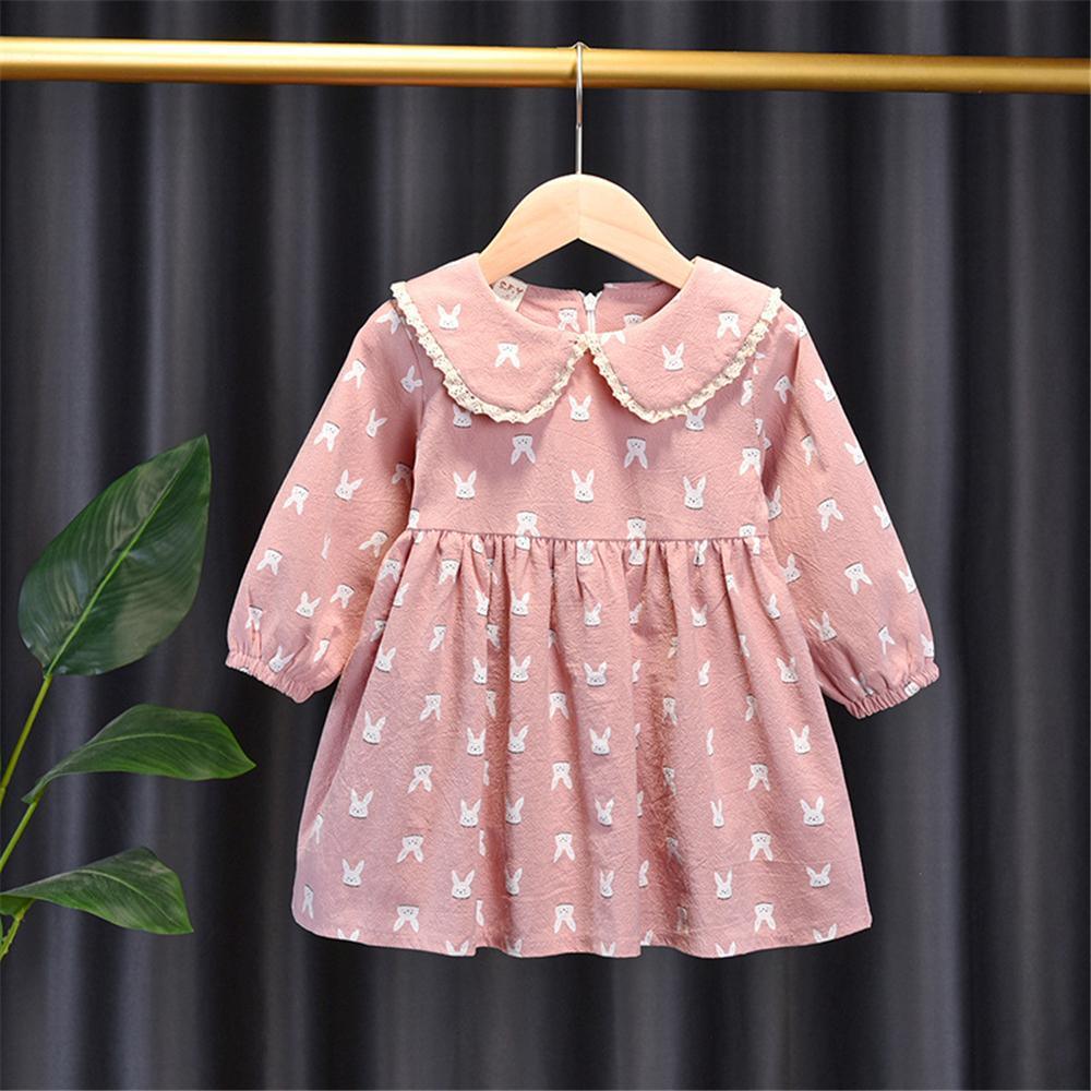 Girls Rabbit Printed Doll Collar Casual Dress Girls Dress Wholesale - PrettyKid