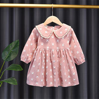 Girls Rabbit Printed Doll Collar Casual Dress Girls Dress Wholesale - PrettyKid