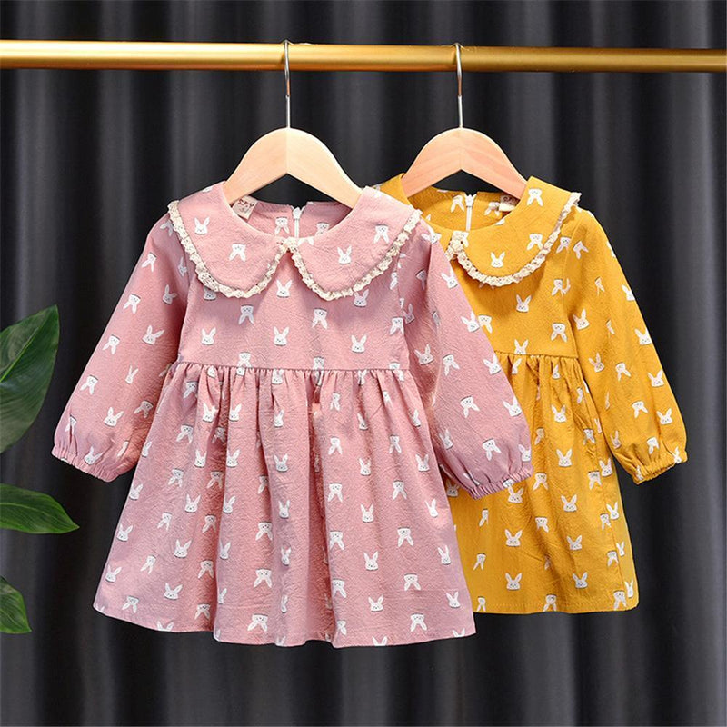 Girls Rabbit Printed Doll Collar Casual Dress Girls Dress Wholesale - PrettyKid