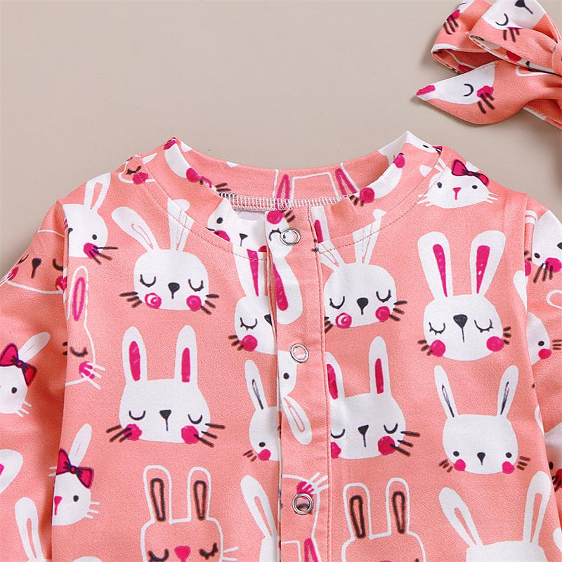 Baby Girls Rabbit Shattered flowers Printed Long Sleeve Romper & Headband Baby Clothes - PrettyKid