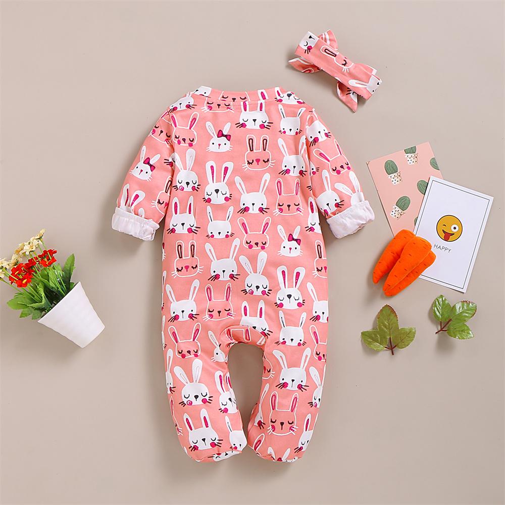 Baby Girls Rabbit Shattered flowers Printed Long Sleeve Romper & Headband Baby Clothes - PrettyKid