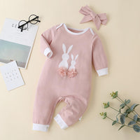 Baby Girls Rabbit Printed Long Sleeve Sweet Romper & Headband - PrettyKid